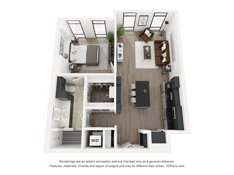 Floor plan for 1 bed, 1 bath, 799 sqft